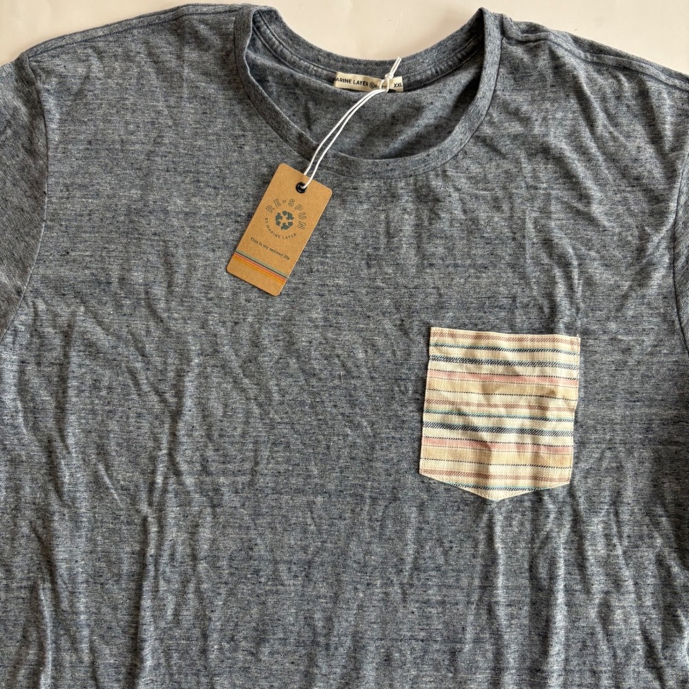 Marine Layer Re-Spun Signature Pocket Tee Heather Blue Neps XXL Mens T-Shirt NEW